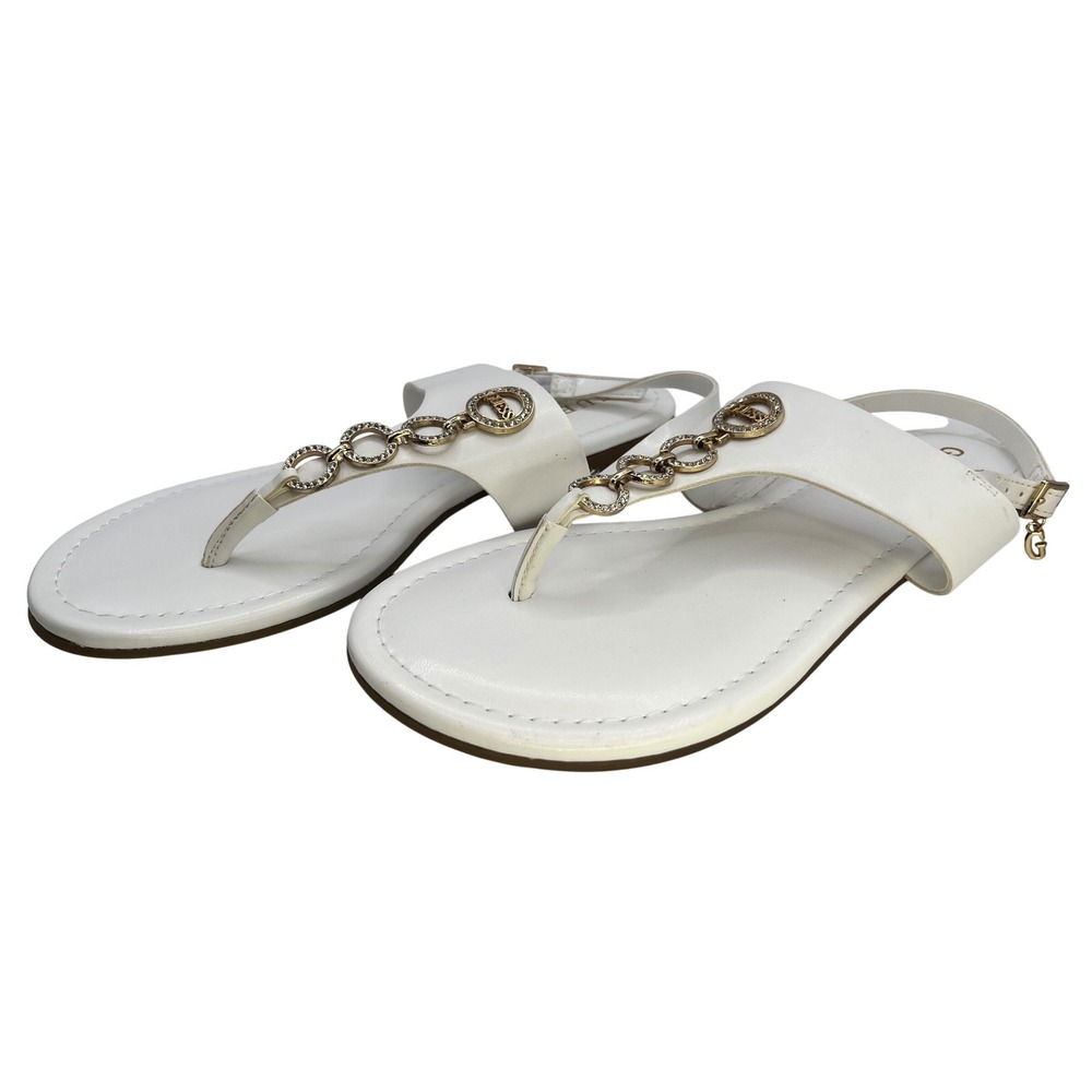 Guess Womens White T-Strap Slingback Sandals Gold Chain Rhinestone Flat‎ 8.5M